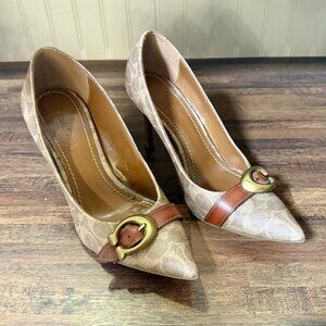 Coach Waverly Signature Tan Canvas Leather Buckle Pumps